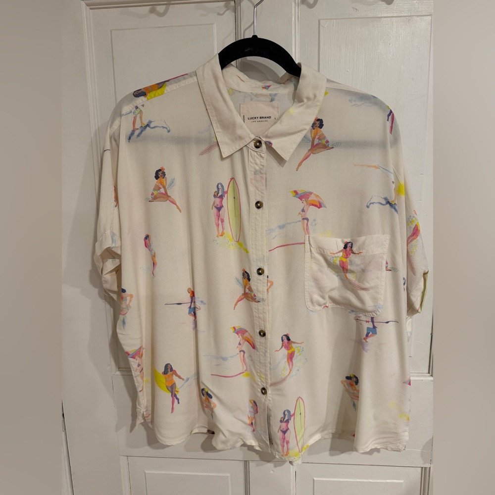 NWT Lucky Brand Surfer Girl Print Cropped Button Shirt
